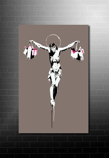 Banksy Canvas Christ with Shopping Bags, banksy christ, banksy shopping bags, baksy modern art, banksy print uk